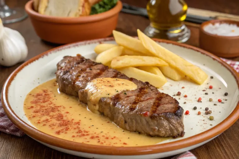 Bife à Portugália suculento, servido com molho de vinho branco, cebola, pimentões e batatas fritas crocantes.