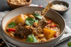 Prato de canela de cordeiro ao curry Massaman com molho rico e especiarias, servido com arroz.