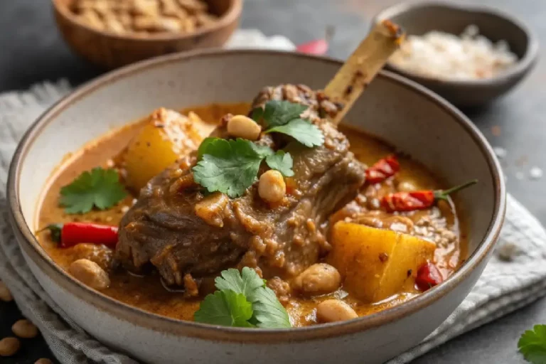 Prato de canela de cordeiro ao curry Massaman com molho rico e especiarias, servido com arroz.