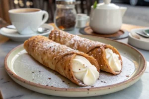 Cannoncini crocantes de massa folhada recheados com creme de confeiteiro, polvilhados com açúcar de confeiteiro