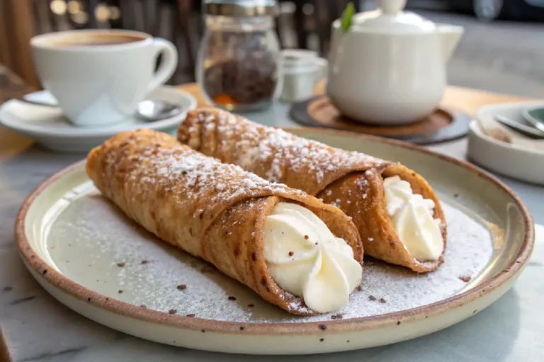 Cannoncini crocantes de massa folhada recheados com creme de confeiteiro, polvilhados com açúcar de confeiteiro