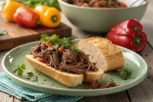 Prato de carne louca desfiada, temperada com cebola, pimentões e molho saboroso