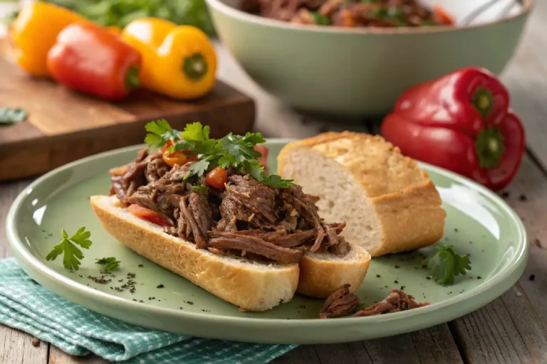 Prato de carne louca desfiada, temperada com cebola, pimentões e molho saboroso