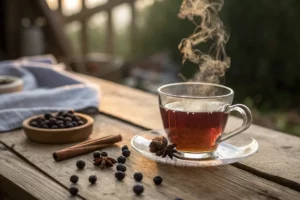 Xícara de chá de zimbro com bagas inteiras, bebida herbal de tonalidade dourada