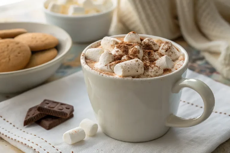 Xícara de chocolate quente cremoso com leite condensado e cobertura de creme chantilly