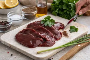 Fígado bovino temperado sendo preparado em tábua com ervas e temperos