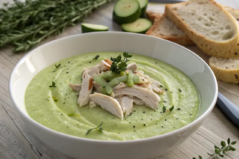 Tigela de creme de abobrinha com pedaços de frango desfiado, decorada com ervas frescas.