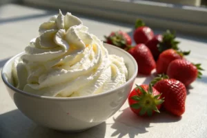 Falso chantilly cremoso feito com leite gelado, açúcar refinado e emulsificante, exibido em topo de bolo com textura firme.