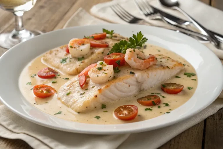 Filé de peixe dourado servido com molho cremoso de camarão, guarnecido com salsa fresca