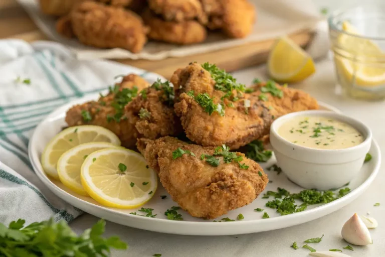 Pedaços crocantes de frango a passarinho dourados, servidos com limão.