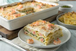 Lasanha de camarão cremosa gratinada, com camadas de massa, molho branco, molho de tomate, queijo mussarela e camarões refogados