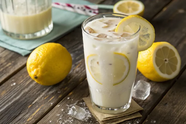 Copo de limonada suíça gelada com pedaços de limão e gelo.