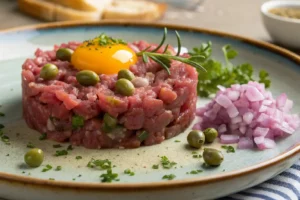 Steak tartare servido em prato com ovo de codorna e temperos frescos