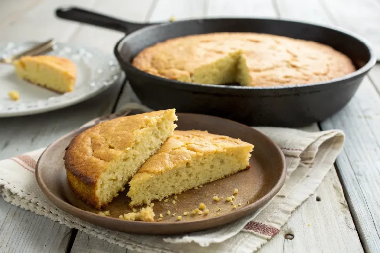 Pão de fubá dourado preparado na frigideira, acompanhado de manteiga.