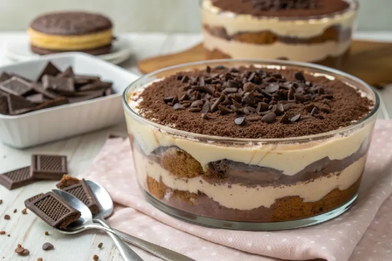 Pavê de brigadeiro com camadas cremosas de chocolate e biscoitos.
