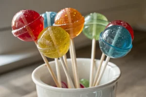 Pirulitos caseiros coloridos feitos com ingredientes naturais, em palitos de madeira