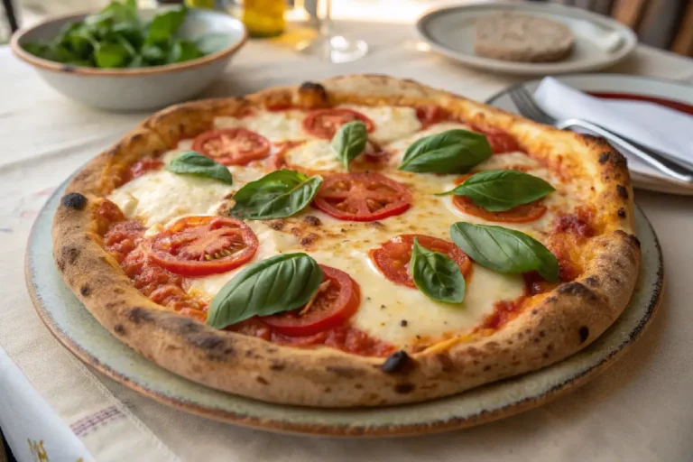 Pizza Marguerita com molho de tomate, queijo mussarela e folhas frescas de manjericão.