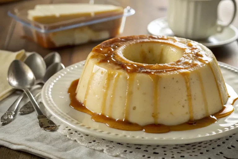 Pudim de leite condensado tradicional cremoso com calda caramelizada dourada, textura lisa sem furinhos, fatiado em prato branco.