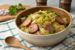 Refogado de repolho com fatias de calabresa douradas e temperos.