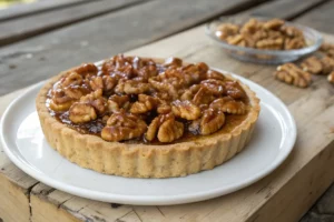 Tarte de noz caramelizada com crosta dourada e cobertura brilhante de nozes caramelizadas