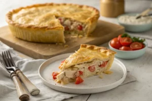 Torta de frango assada dourada com recheio cremoso de frango desfiado, coberta com massa crocante, fatiada em prato branco.