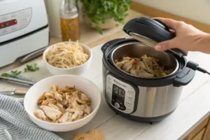 Frango desfiado suculento em prato branco, pronto para ser usado em diversas receitas