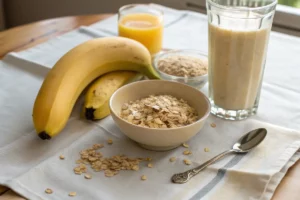 Vitamina cremosa de banana com aveia, servida em copo transparente, decorada com pedaços de banana.