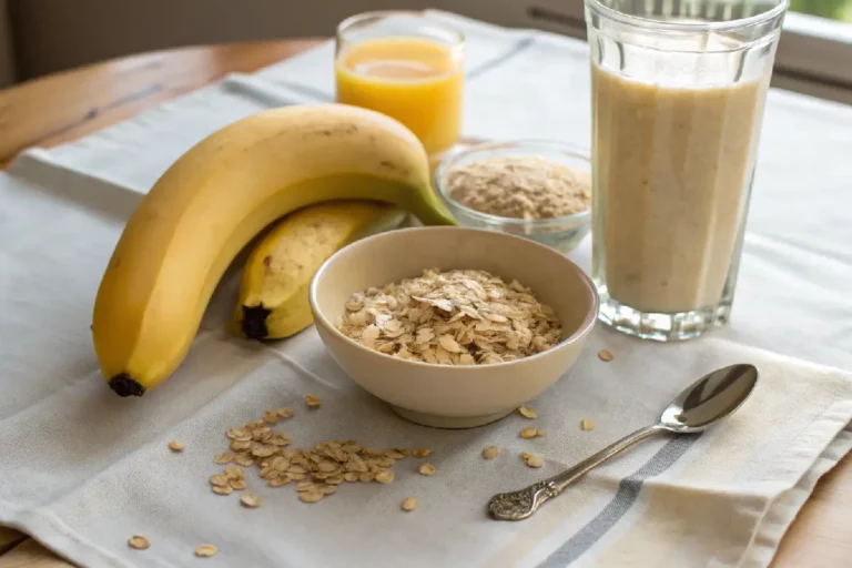 Vitamina cremosa de banana com aveia, servida em copo transparente, decorada com pedaços de banana.