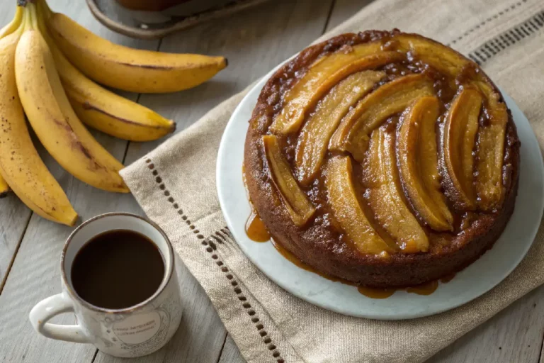 Bolo de banana caramelizada com camada dourada e coberta com rodelas de banana, decorado com açúcar de confeiteiro.﻿