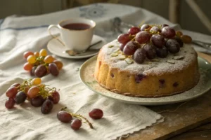Bolo de uva caseiro, macio e úmido, coberto com uvas frescas e açúcar cristal, servido em fatias generosas.