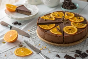 Cheesecake de Chocolate com Laranja, uma sobremesa cremosa com base crocante, cobertura de chocolate e toque de laranja