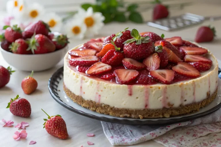 Cheesecake de Morango﻿ cremoso com cobertura de morangos frescos.