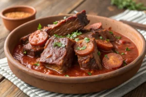 Costela de boi cozida na panela de pressão com calabresa dourada, cebolas e especiarias.﻿