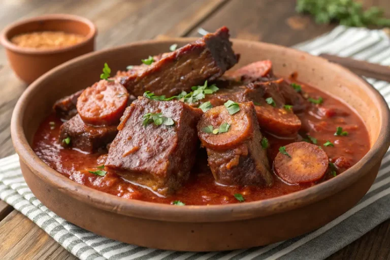 Costela de boi cozida na panela de pressão com calabresa dourada, cebolas e especiarias.﻿