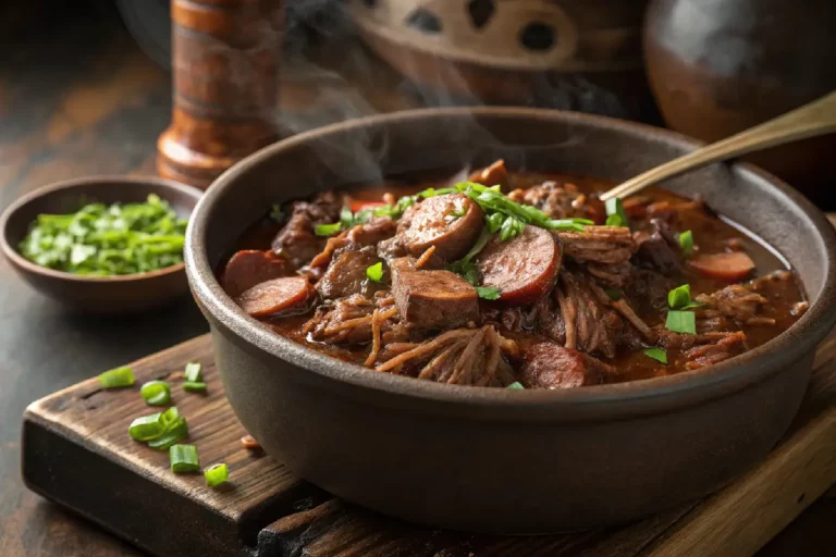 Costela bovina desfiada com calabresa defumada em panela de barro com caldo escuro encorpado e ervas frescas por cima