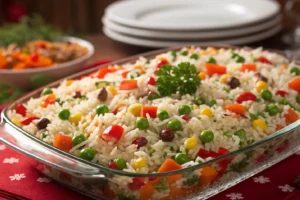 Arroz colorido natalino vibrante com pimentões vermelhos, cenouras e ervilhas, grãos soltinhos decorados com passas e castanhas, acompanhamento festivo brasileiro.