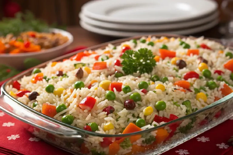 Arroz colorido natalino vibrante com pimentões vermelhos, cenouras e ervilhas, grãos soltinhos decorados com passas e castanhas, acompanhamento festivo brasileiro.