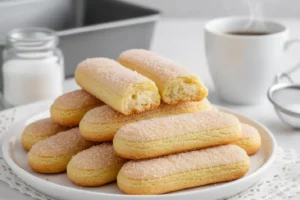 Biscoitos champagne caseiros dourados e ondulados, empilhados em prato com chá, receita simples e crocante.