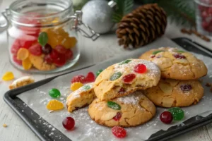 Cookies natalinos de frutas cristalizadas crocantes com cerejas vermelhas, damascos e laranjas coloridas, biscoitos redondos decorados com açúcar impalpável festivo.