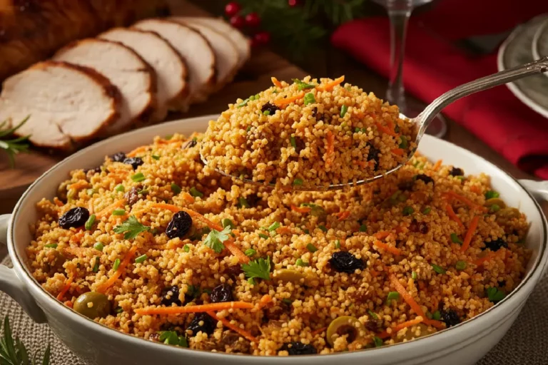 Farofa natalina crocante com bacon, passas, castanhas e ervas, grãos tostados dourados em travessa festiva, acompanhamento brasileiro de ceia colorido.