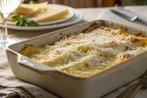 Lasanha quatro queijos cremosa com camadas de massa, muçarela derretida, provolone, parmesão e gorgonzola, bechamel dourado.​