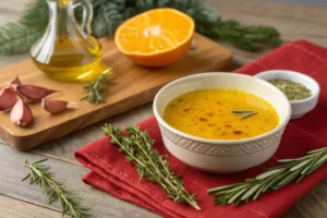 Manteiga de ouro cremosa dourada com cúrcuma, alho e ervas, tempero natalino derretido para perú, chester e pernil assados suculentos.