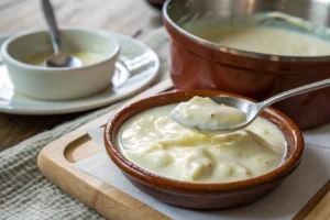 Molho bechamel cremoso branco, textura aveludada em tigela branca, preparado com roux de manteiga e farinha, noz-moscada e leite.