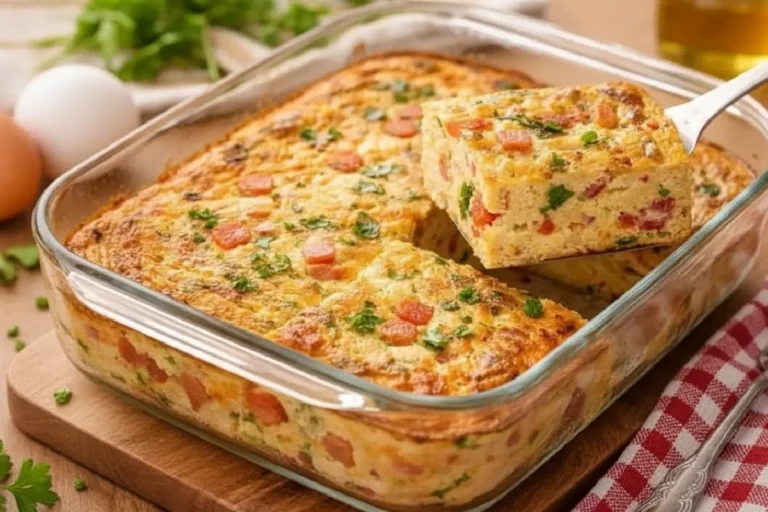 Omelete de forno simples e fofinha dourada, fatiada com ervas frescas e queijo derretido, receita rápida e proteica.