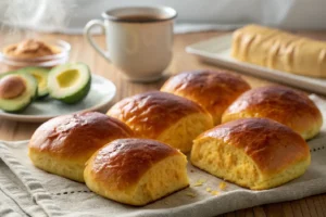Pãozinhos dourados de batata doce sem trigo, empilhados em prato rústico, textura fofinha e low carb.