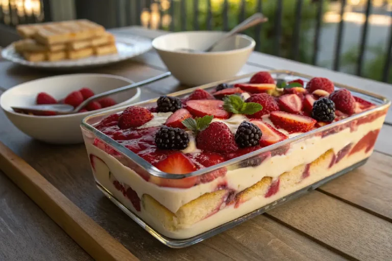 Pavê de frutas vermelhas gelado cremoso com morangos, amoras e framboesas frescas em camadas, sobremesa leve rosa e branca em porções quadradas.