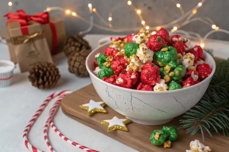 Pipoca doce natalina festiva caramelizada com açúcar, canela e glacê real colorido vermelho e verde, petiscos crocantes em tigela decorada com estrelas natalinas.