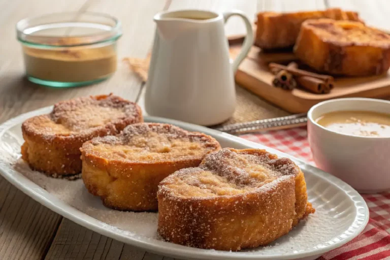 Rabanada dourada crocante com canela e açúcar polvilhados, fatias de pão embebidas em leite e ovo fritas, sobremesa brasileira tradicional.