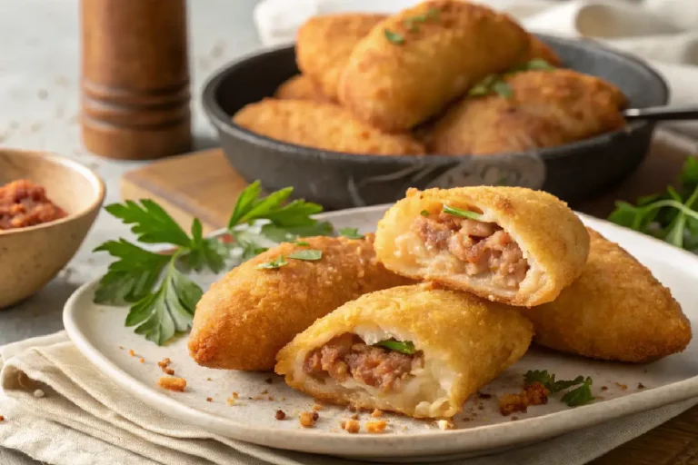 Risole de carne moída dourado e crocante empanado, recheio suculento de carne com cebola visível, frito perfeito em prato.