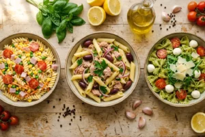 Três tigelas coloridas de salada de macarrão sobre mesa rústica — versão clássica cremosa, mediterrânea com atum e pesto com búfala